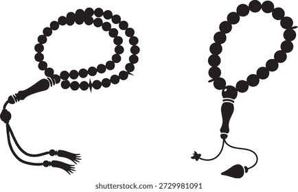 Two traditional prayer beads with distinctive tassels and decorative elements are depicted against a plain white background, symbolizing spiritual practices and meditation.