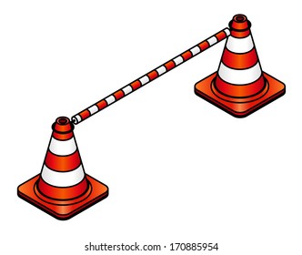 Two traffic cones with a barrier pole.