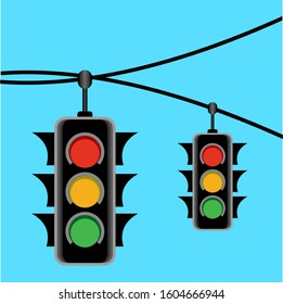 Two traffic lights hanging by steel ropes. Vector illustration