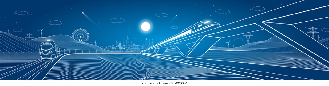 Two trains move, dynamic composition, background mountains and night city on background, vector art