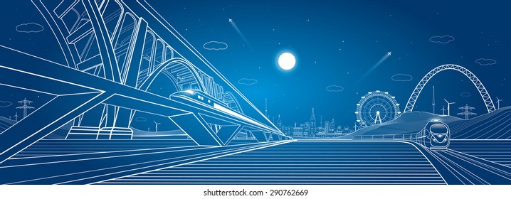 Two trains move on the railroad, dynamic composition, big bridge on background, vector industrial and transport illustration, vector lines landscape, night, vector design