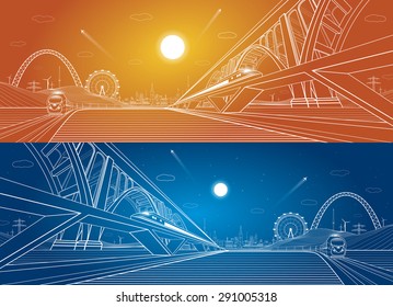 Two trains move on the railroad, dynamic composition. Two big bridges on background, vector industrial and transport illustration, vector lines landscape, night city, vector design, day and night