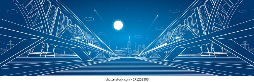 Two trains move on the railroad, dynamic composition, Two big bridges on background, vector industrial and transport illustration, vector lines landscape, night city, vector design