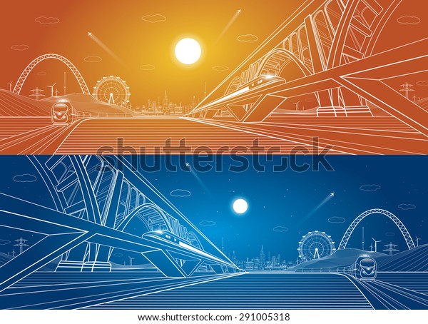 Two trains move on the railroad, dynamic\
composition. Two big bridges on background, vector industrial and\
transport illustration, vector lines landscape, night city, vector\
design, day and night