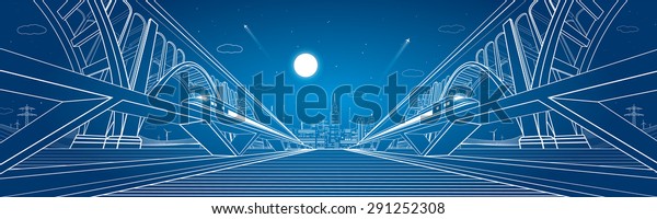 Two trains\
move on the railroad, dynamic composition, Two big bridges on\
background, vector industrial and transport illustration, vector\
lines landscape, night city, vector\
design