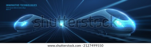 Two trains moving from light shine on high speed\
intercity railway. Train logistic, digital futuristic technology,\
future electric city transport, innovate technology, subway way\
concept. 3d on blue