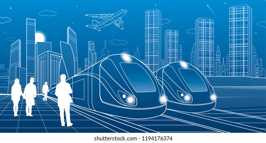 Two trains travel by rail. Modern night town. Urban scene. People walking at street. Airplane fly. White lines on blue background. Vector design art