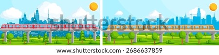 Two trains travel on an elevated railway with sky, city silhouette, and green park. Urban transport system for modern city infrastructure.