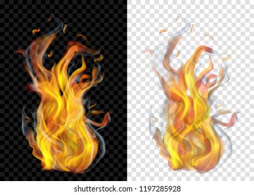 Two translucent burning campfires with smoke on transparent background. For used on light and dark backdrops. Transparency only in vector format