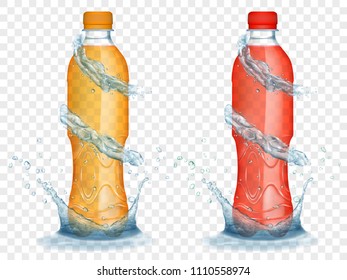 Two translucent plastic bottles in orange and red colors with water crowns and splashes, isolated on transparent background. Transparency only in vector format