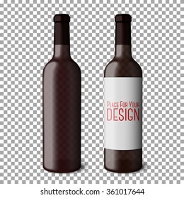 Two transparent blank black realistic bottles for red wine isolated on plaid background with place for your design and branding. Vector