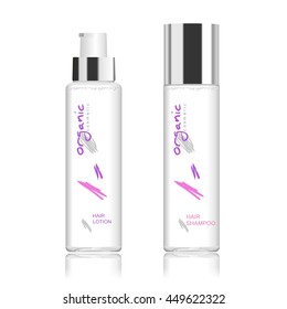 Two transparent cosmetic bottles