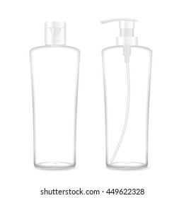 Two transparent cosmetic bottles