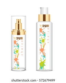 Two transparent cosmetic bottles