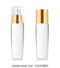 Two transparent cosmetic bottles