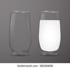 Two transparent cups: empty glass and a glass of milk