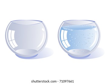 Two transparent glass vessel rounded. One empty and one filled with clean water. Glasses. Aquariums. Isolated on white background.