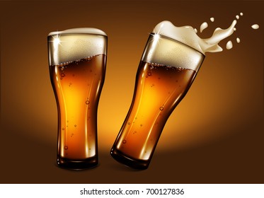 Two transparent glasses of beer with foam and a splash effect. Highly realistic illustration.