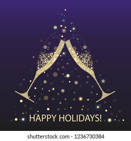 two transparent glasses full of champagne  with golden bubbles around - vector illustration