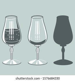 two transparent glasses narrowed to the top on a thin leg in gray tones for wine, one empty and the other with a drink inside, and the same silhouette, vector clip art