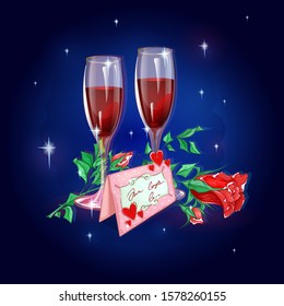 Two transparent glasses with red wine, a card with a congratulation, an elegant rose on a dark background with sparks and glow. Romantic composition for a greeting card.