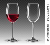 Two transparent glasses for wine, one of which is half filled with red wine. 3D vector. High detailed realistic illustration.