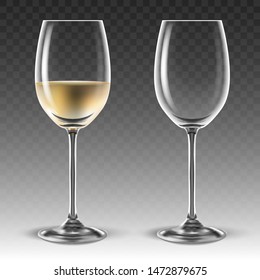 Two transparent glasses for wine, one of which is half filled with white wine. 3D vector. High detailed realistic illustration.