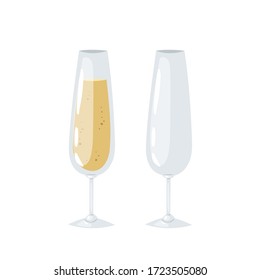 Two transparent glasses for wine, one is half filled with champagne, the second glass is empty. Cartoon realistic vector illustration for bar, restaurant menu, alcohol card,  flyer, poster, web site