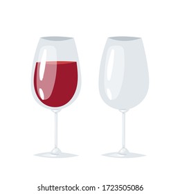 Two transparent glasses for wine, one is half filled with red wine, the second glass is empty. Cartoon realistic vector illustration for bar, restaurant menu, alcohol card,  flyer, poster, web site