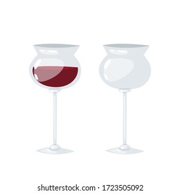 Two transparent glasses for wine, one is half filled with red wine, the second glass is empty. Cartoon realistic vector illustration for bar, restaurant menu, alcohol card,  flyer, poster, web site