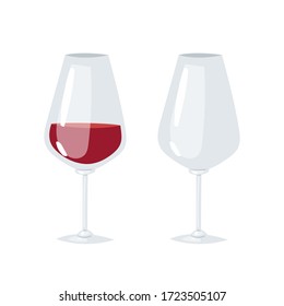 Two transparent glasses for wine, one is half filled with red wine, the second glass is empty. Cartoon realistic vector illustration for bar, restaurant menu, alcohol card,  flyer, poster, web site
