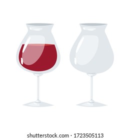 Two transparent glasses for wine, one is half filled with red wine, the second glass is empty. Cartoon realistic vector illustration for bar, restaurant menu, alcohol card,  flyer, poster, web site