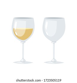 Two transparent glasses for wine, one is half filled with white wine, the second glass is empty. Cartoon realistic vector illustration for bar, restaurant menu, alcohol card,  flyer, poster, web site