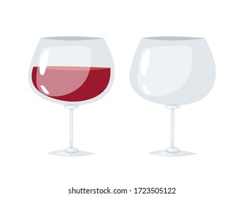 Two transparent glasses for wine, one is half filled with red wine, the second glass is empty. Cartoon realistic vector illustration for bar, restaurant menu, alcohol card,  flyer, poster, web site