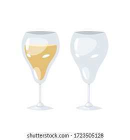 Two transparent glasses for wine, one is half filled with white wine, the second glass is empty. Cartoon realistic vector illustration for bar, restaurant menu, alcohol card,  flyer, poster, web site