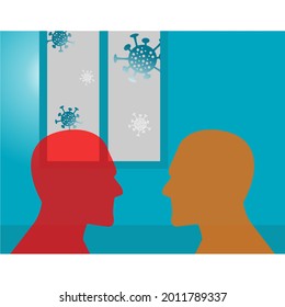 two transparent heads face to face and a virus icon outside the window