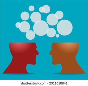 two transparent heads facing each other and some bubbles on top