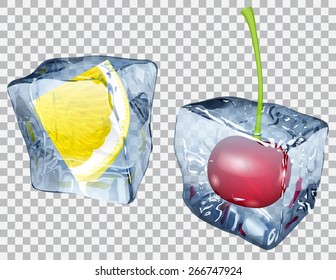Two transparent ice cubes with frozen cherry and slice of lemon