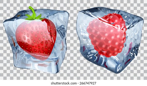 Two transparent ice cubes with frozen strawberry and raspberry