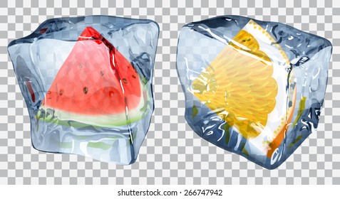 Two transparent ice cubes with frozen slices of watermelon and orange