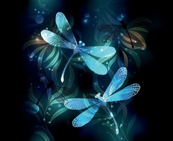 Two Transparent, Luminous, Turquoise, Artistically Drawn Dragonflies On Night Background With Luminescent Lake Algae And Fireflies. Glowing Dragonfly. Hand Drawn Vector Art.