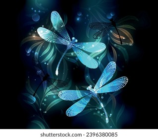 Two transparent, luminous, turquoise, artistically drawn dragonflies on night background with luminescent lake algae and fireflies. Glowing dragonfly. Hand drawn vector art.