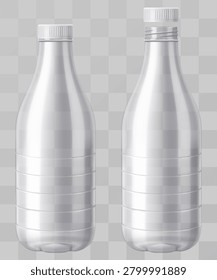 Two transparent plastic bottles for milk, yogurt or kefir and other beverages. Bottles with open and closed lids. Blank Packaging Isolated On White Background. Realistic 3d vector illustration.