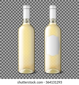 Two transparent realistic bottles for white wine  isolated on plaid background with place for your design and branding. Vector