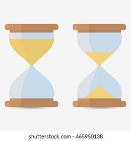 Two transparent sandglass, full and half empty. Simple set. Vector illustration