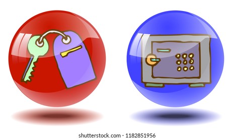 two transparent shiny buttons with hand-drawn pictures on isolated white background.
