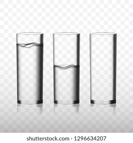 Two transparent vector glasses of pure water and one empty glass. Realistic vector 3d illustration