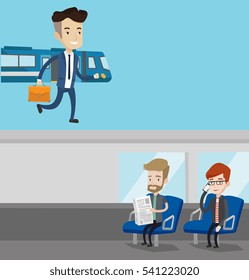 Two transportation banners with space for text. Vector flat design. Horizontal layout. Caucasian businessman walking on the train platform. Man going out of train. Businessman at the train station.