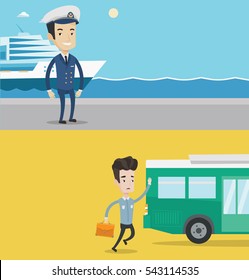 Two transportation banners with space for text. Vector flat design. Horizontal layout. Caucasian businessman running to catch bus. Businessman running for an outgoing bus. Latecomer man chasing a bus.