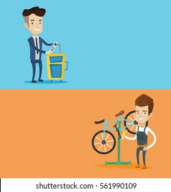 Dos carteles de transporte con espacio para texto. Diseño plano vectorial. Diseño horizontal. Hombre trabajando en un taller de bicicletas. Técnico arreglando bicicleta en taller de reparación. Joven mecánico reparando bicicleta.
